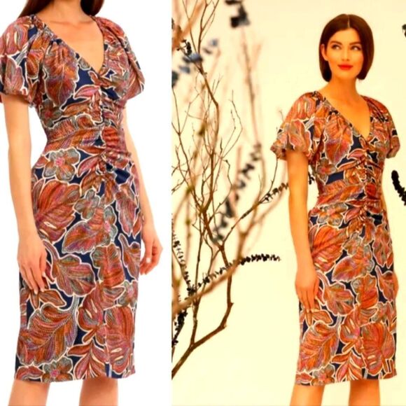 Maggy London Floral Puffed Sleeve Ruched Dress NWT - Picture 8 of 12